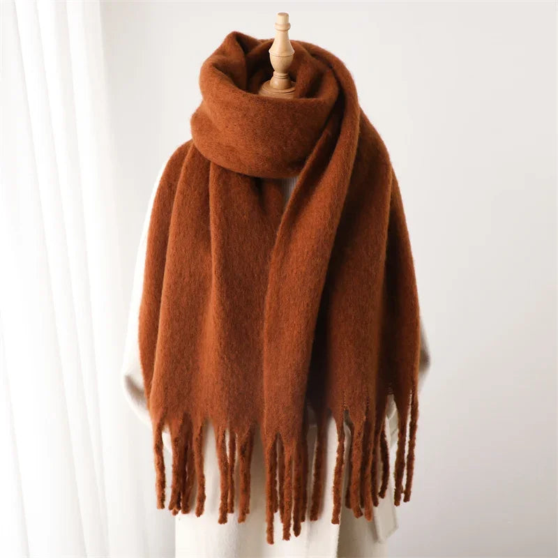Damen Dicker Winterschal – Weicher Langer Schal, Einfarbige Stola mit Quasten & Poncho-Stil