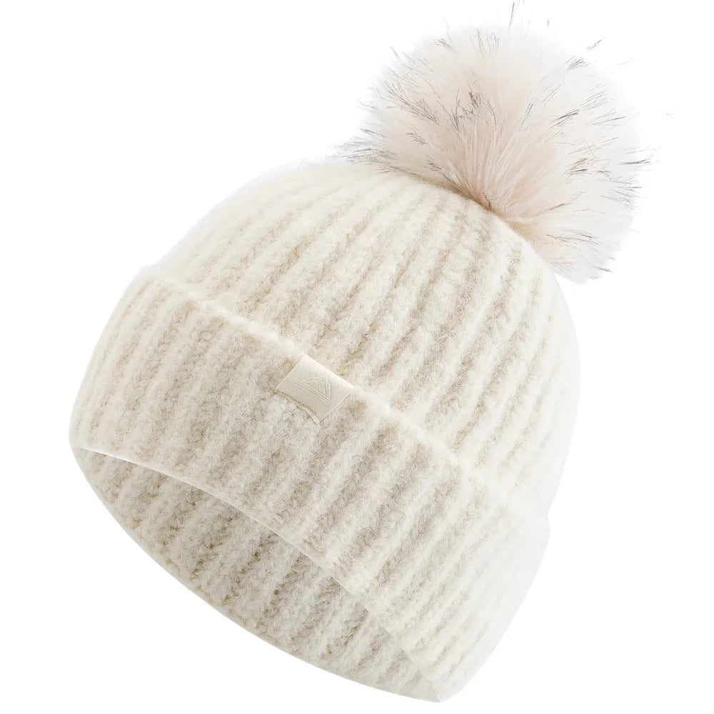 Damen Winter-Beanie mit Zopfmuster – Weiche Warme Strickmütze mit Lockerer Passform & Kunstfell-Bommel