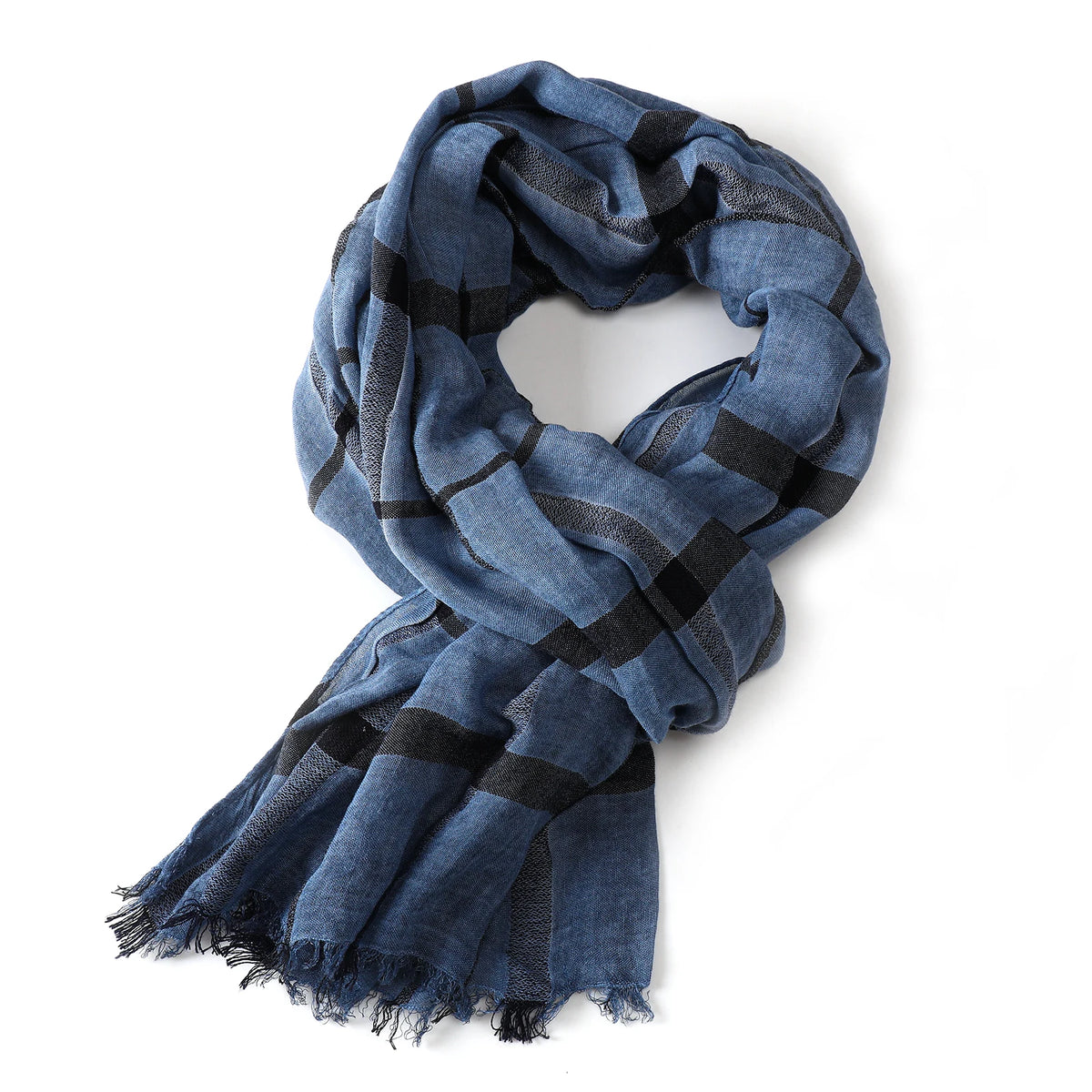 Luxuriöser Herren-Karoschal – Baumwoll-Leinen-Optik mit Kurzen Fransen, Marineblau & Schwarz für Herbst & Winter