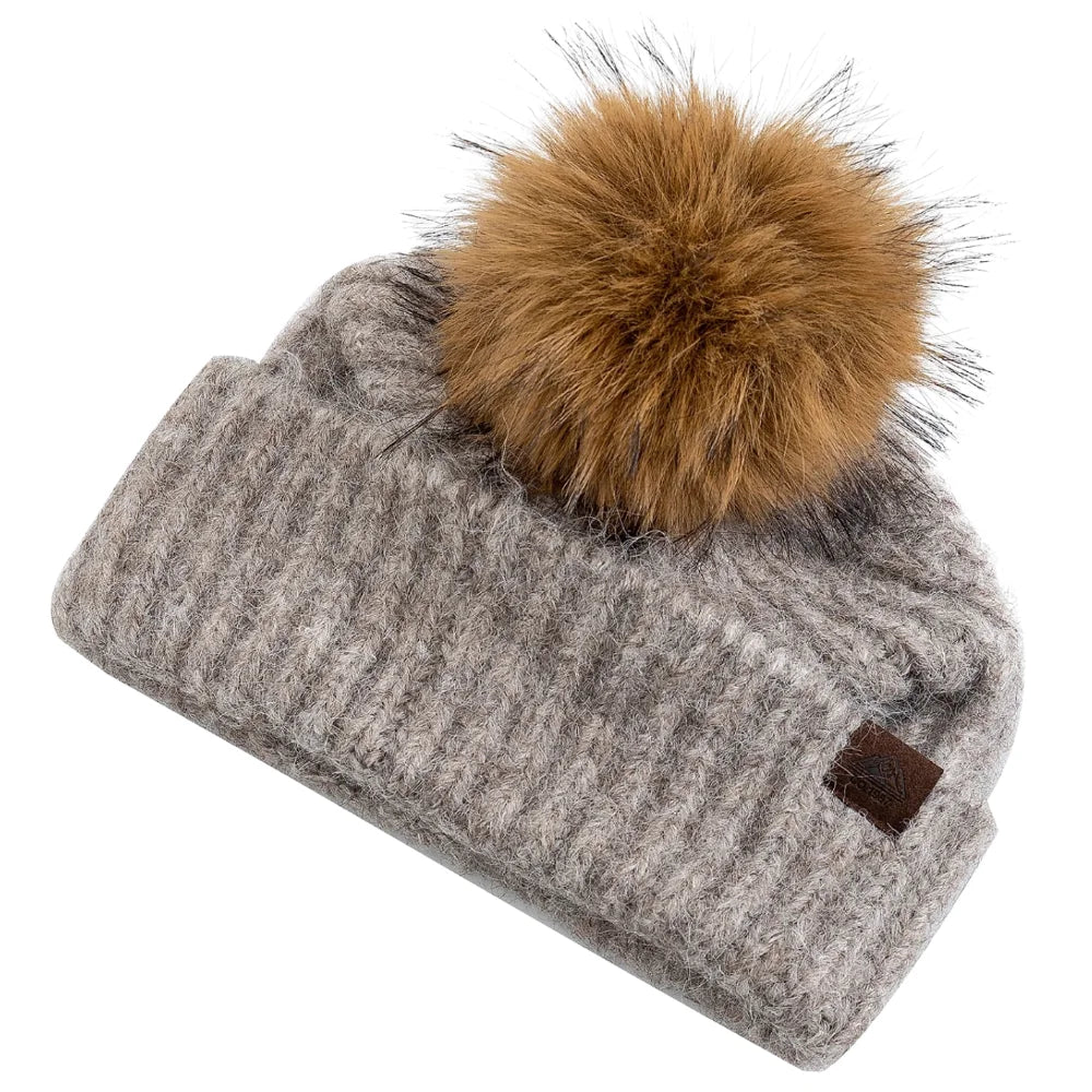 Damen Winter-Beanie mit Zopfmuster – Weiche Warme Strickmütze mit Lockerer Passform & Kunstfell-Bommel