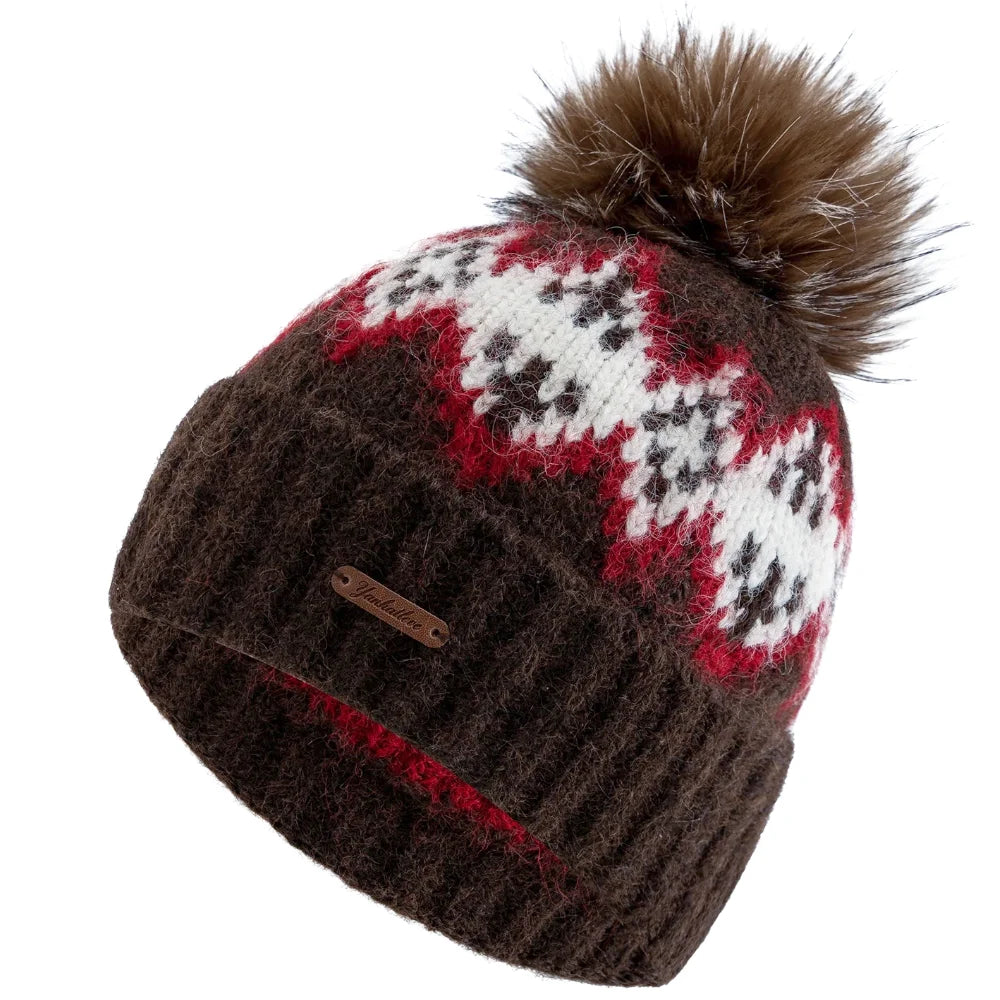 Damen Fair-Isle Jacquard Winter-Strickmütze – Lockere Beanie mit Kunstfell-Bommeln