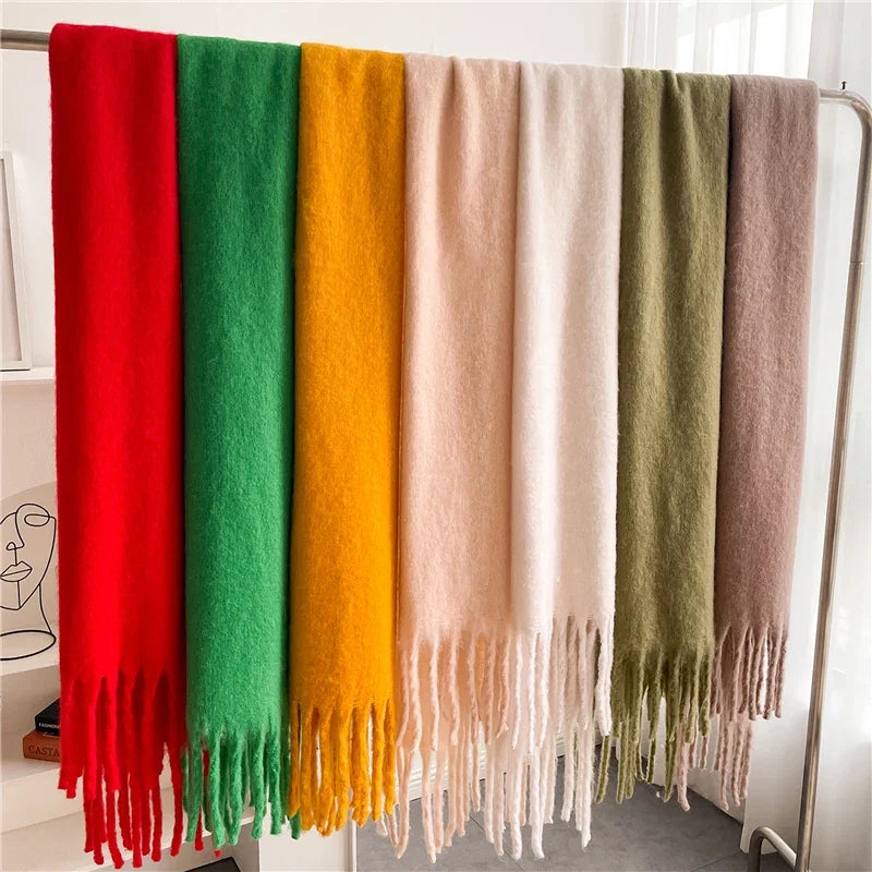 Damen Dicker Winterschal – Weicher Langer Schal, Einfarbige Stola mit Quasten & Poncho-Stil