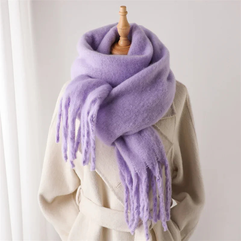 Damen Dicker Winterschal – Weicher Langer Schal, Einfarbige Stola mit Quasten & Poncho-Stil