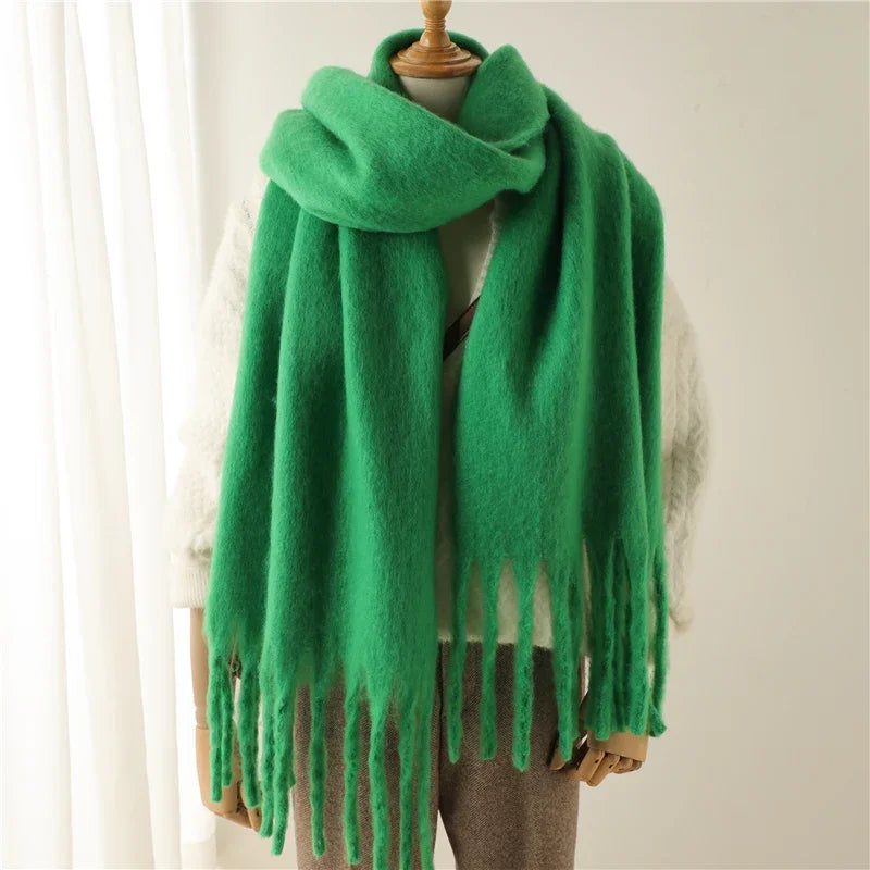 Damen Dicker Winterschal – Weicher Langer Schal, Einfarbige Stola mit Quasten & Poncho-Stil