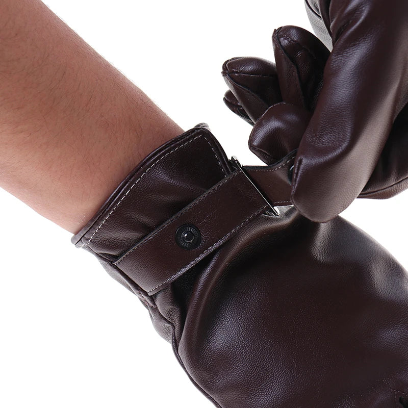 Herren Kunstleder-Winterhandschuhe – Braune Wasserdichte Touchscreen-Autohandschuhe, Dünn & Warm