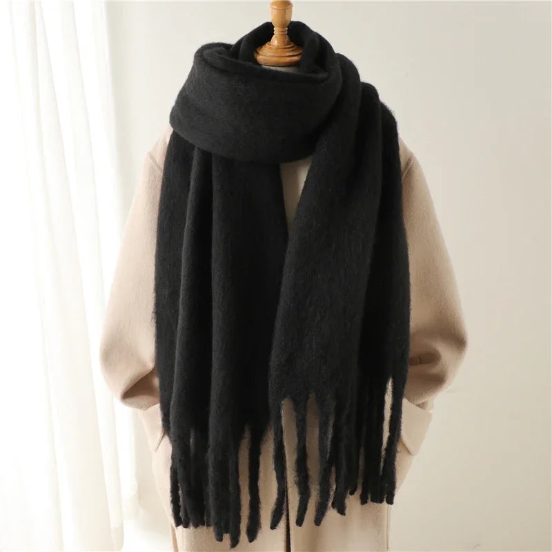 Damen Dicker Winterschal – Weicher Langer Schal, Einfarbige Stola mit Quasten & Poncho-Stil