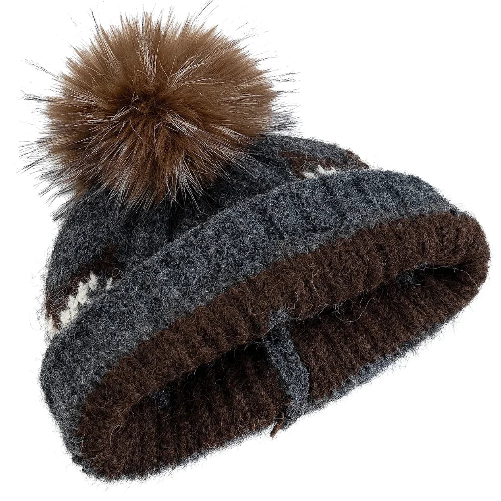Damen Fair-Isle Jacquard Winter-Strickmütze – Lockere Beanie mit Kunstfell-Bommeln