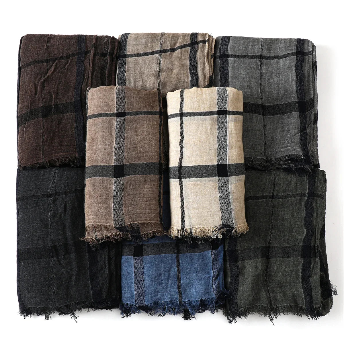 Luxuriöser Herren-Karoschal – Baumwoll-Leinen-Optik mit Kurzen Fransen, Marineblau & Schwarz für Herbst & Winter