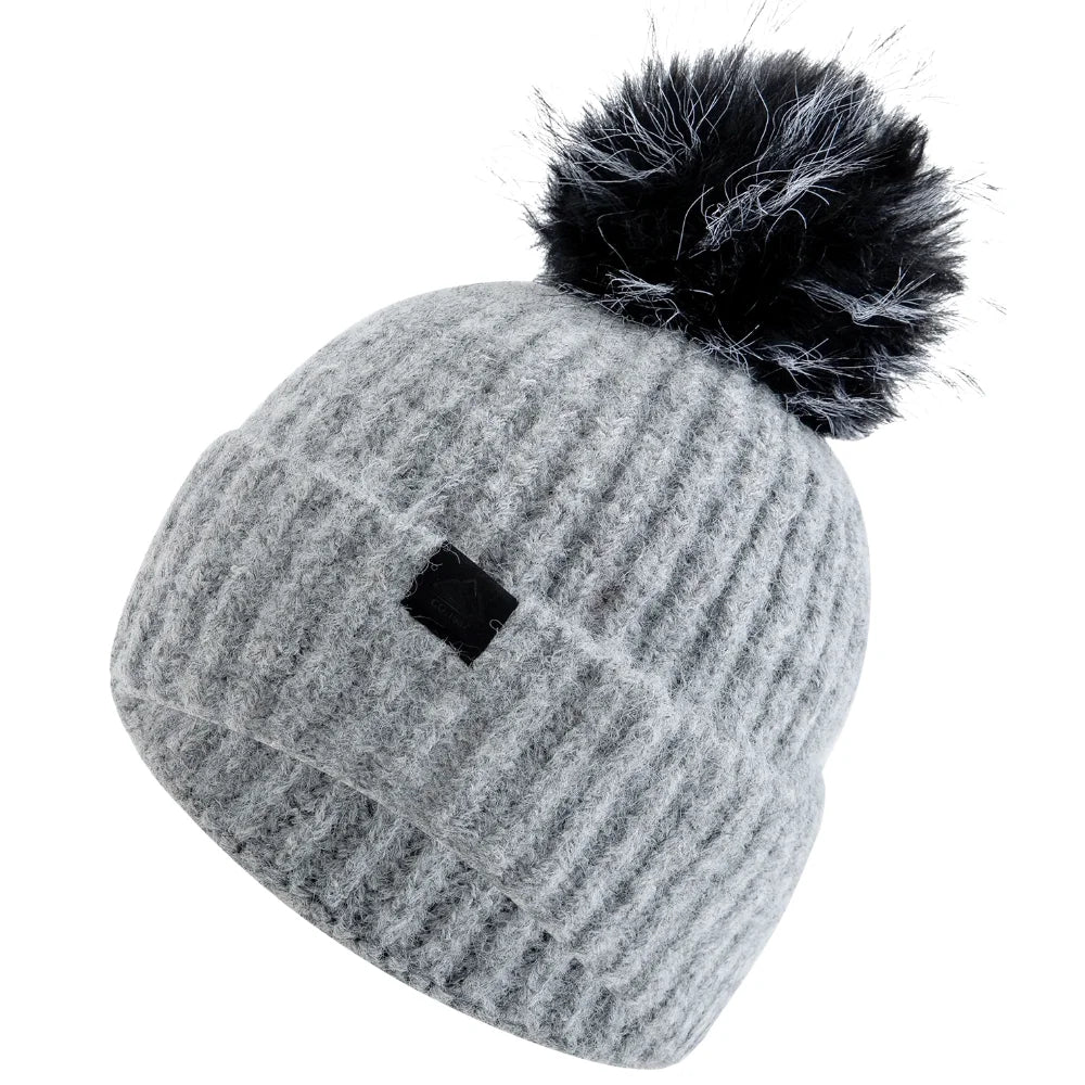 Damen Winter-Beanie mit Zopfmuster – Weiche Warme Strickmütze mit Lockerer Passform & Kunstfell-Bommel