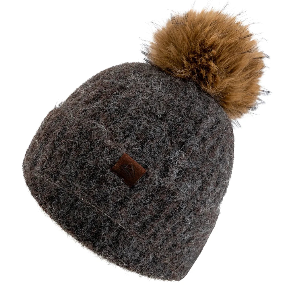 Damen Winter-Beanie mit Zopfmuster – Weiche Warme Strickmütze mit Lockerer Passform & Kunstfell-Bommel
