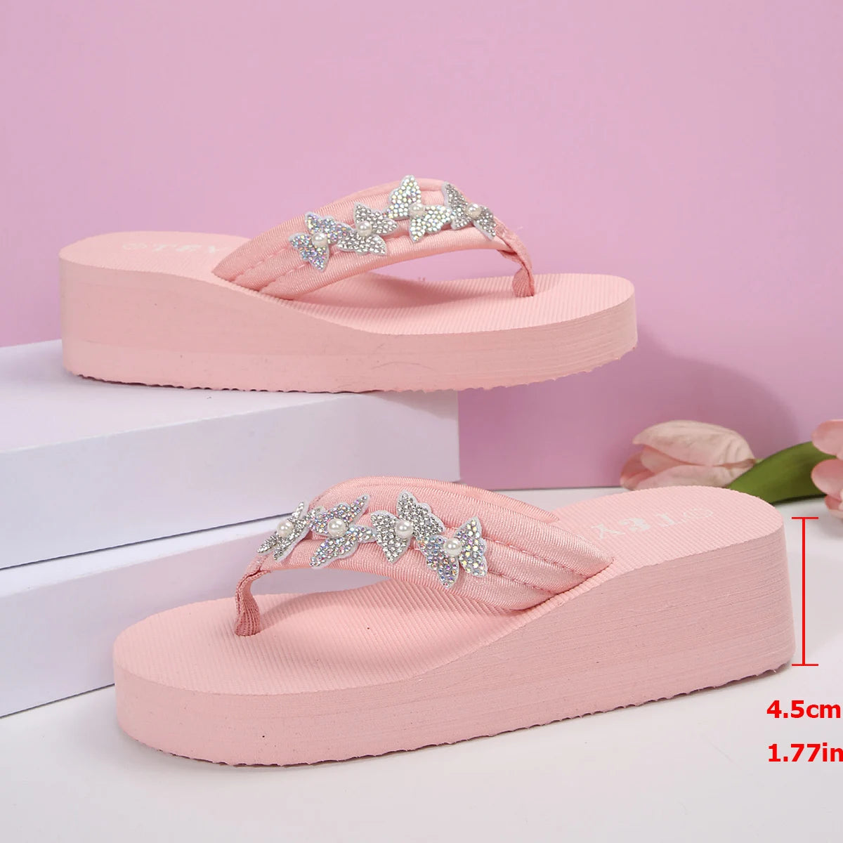 Rosa Kristall Blumen Wedge Flip Flop Sandalen für Damen Fashion Plattform Strand EVA Hausschuhe