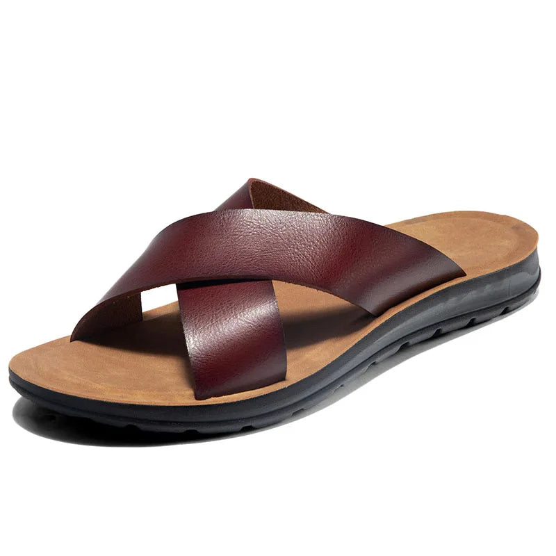 Italienische Leder Slip On Sommer Hausschuhe für Herren Leichte Strand Hotel Flip Flops