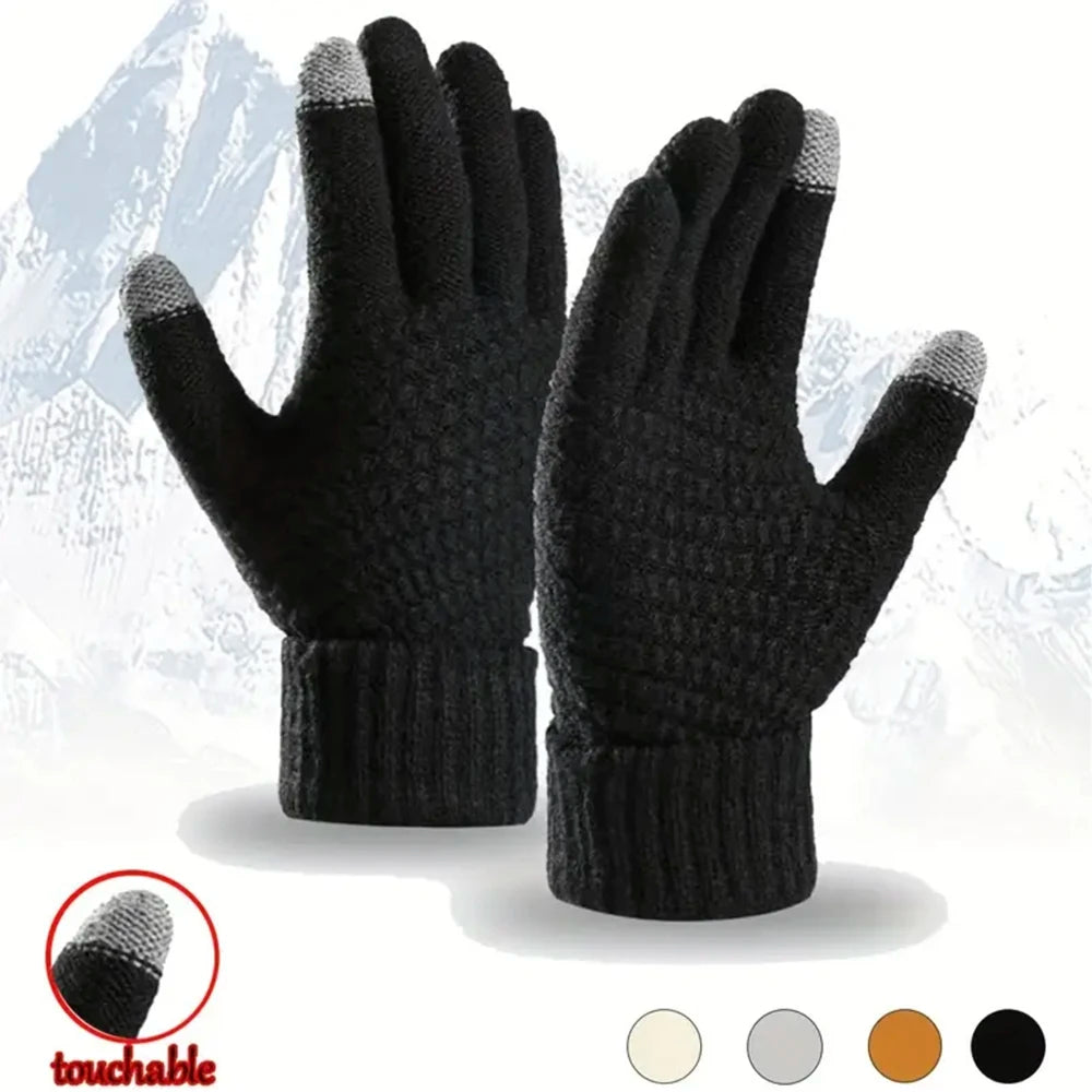 Unisex Woll-Strickhandschuhe – Warme Winterhandschuhe mit Ananas-Strickmuster, Jacquard & Touchscreen-Funktion