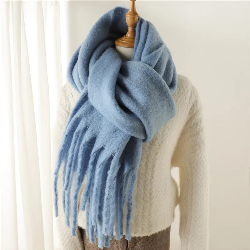 Damen Dicker Winterschal – Weicher Langer Schal, Einfarbige Stola mit Quasten & Poncho-Stil