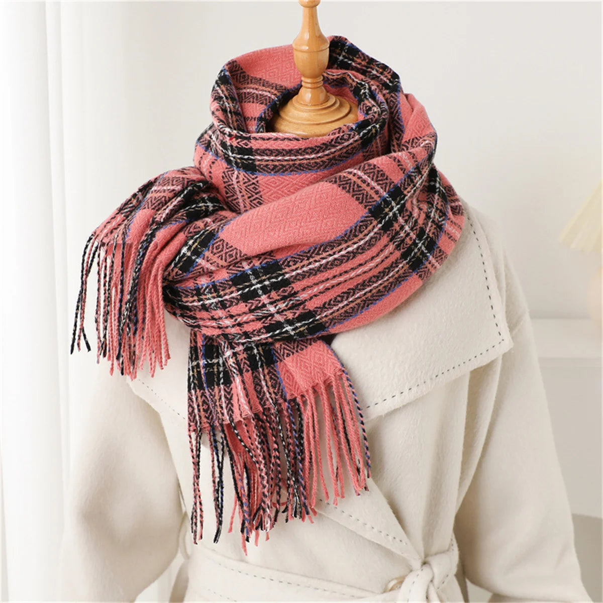 Damen Luxus-Stil Karierter Winterschal – Weicher Schal mit Fransen & Warmer Halsschal