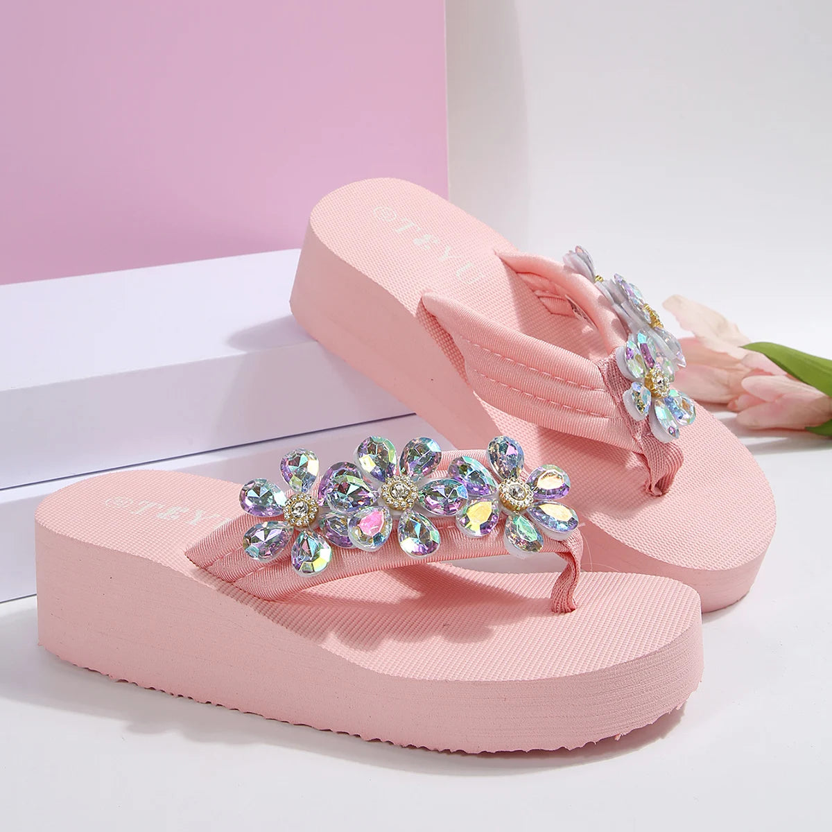 Rosa Kristall Blumen Wedge Flip Flop Sandalen für Damen Fashion Plattform Strand EVA Hausschuhe