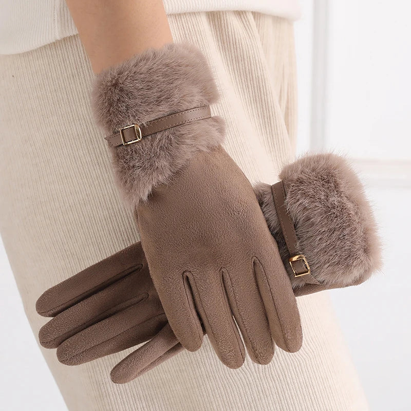 Damen Warme Fleecegefütterte Winterhandschuhe – Winddichte Touchscreen-Handschuhe mit Plüsch-Dekoration für Autofahren & Radfahren