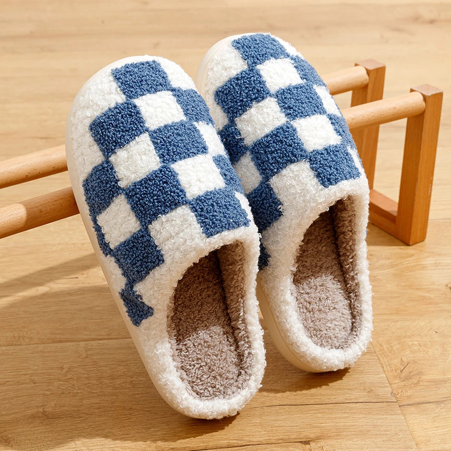 Modische Retro Karierte Winter Hausschuhe für Damen & Herren – Warme Plüsch Slipper Rutschfest Weiche Sohle für Schlafzimmer & Zuhause