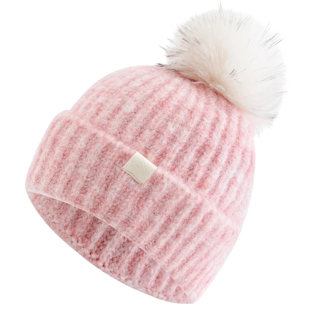 Damen Winter-Beanie mit Zopfmuster – Weiche Warme Strickmütze mit Lockerer Passform & Kunstfell-Bommel