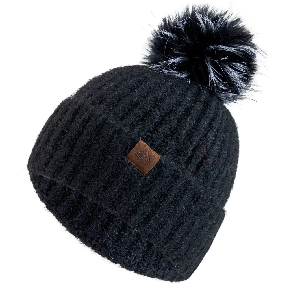 Damen Winter-Beanie mit Zopfmuster – Weiche Warme Strickmütze mit Lockerer Passform & Kunstfell-Bommel