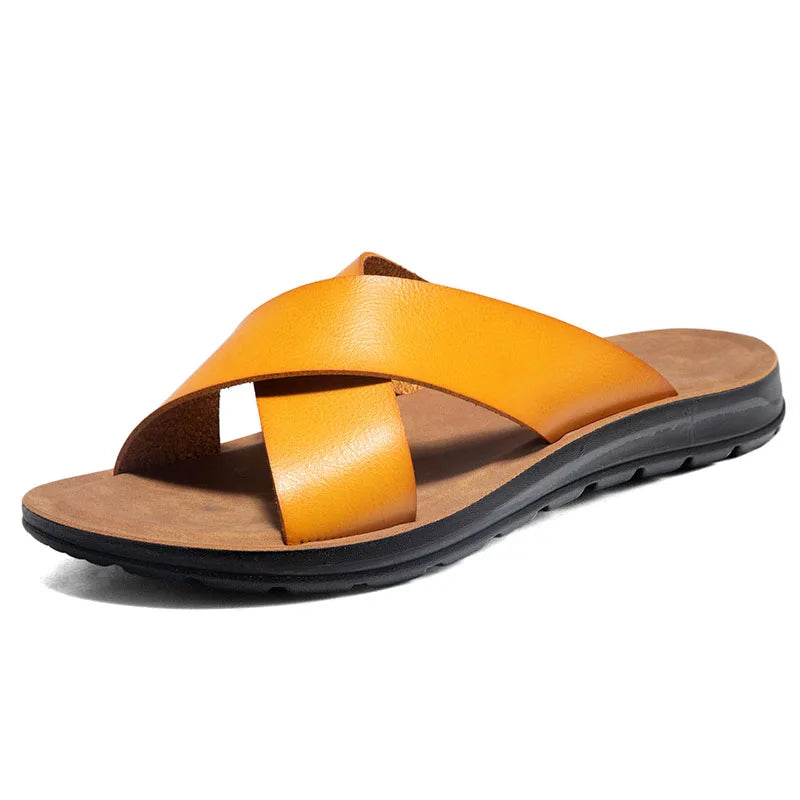Italienische Leder Slip On Sommer Hausschuhe für Herren Leichte Strand Hotel Flip Flops